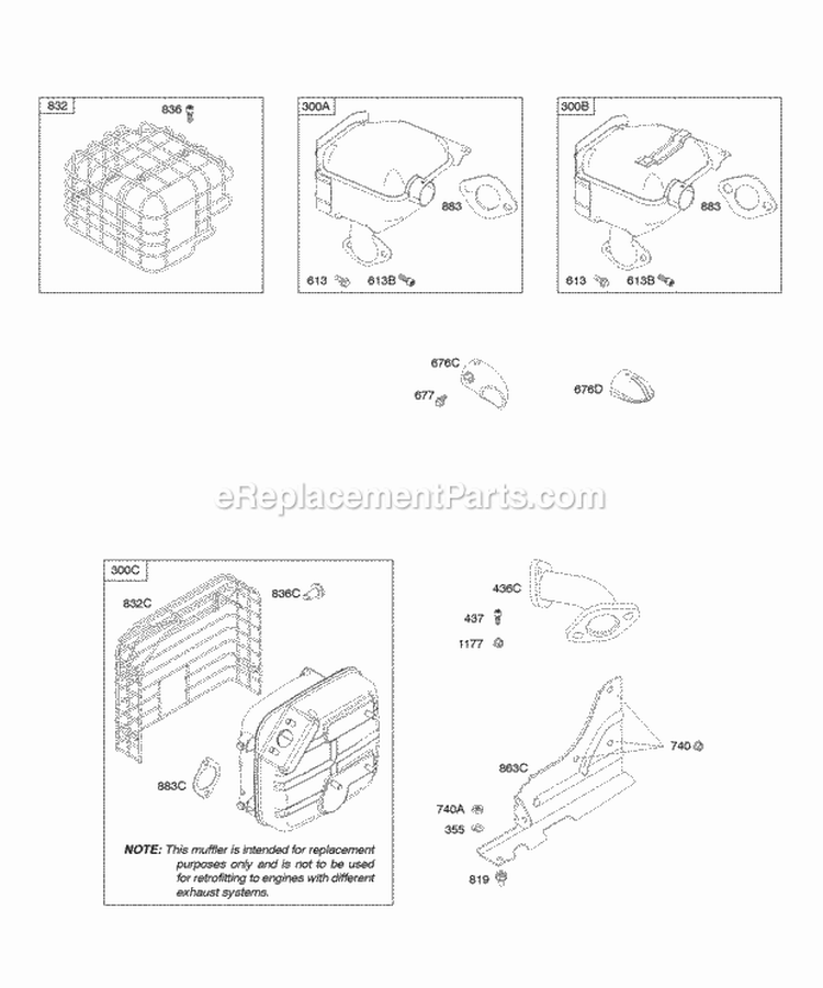 Exhaust System Diagram and Parts List for 21A414-0017-E1  Briggs and Stratton Engine